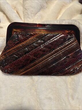 Vintage Margolin Snakeskin Patchwork Clutch Tortoiseshell Frame